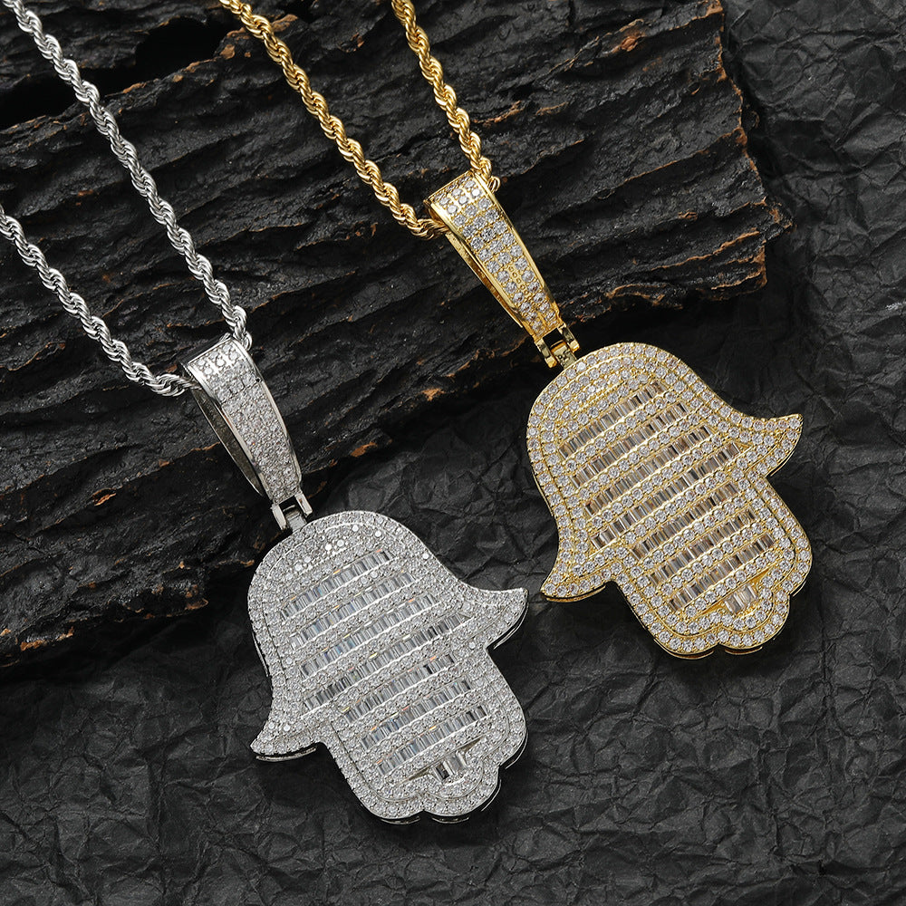 Large Hand of Fatima Hip Hop Pendant in Copper with Zirconium