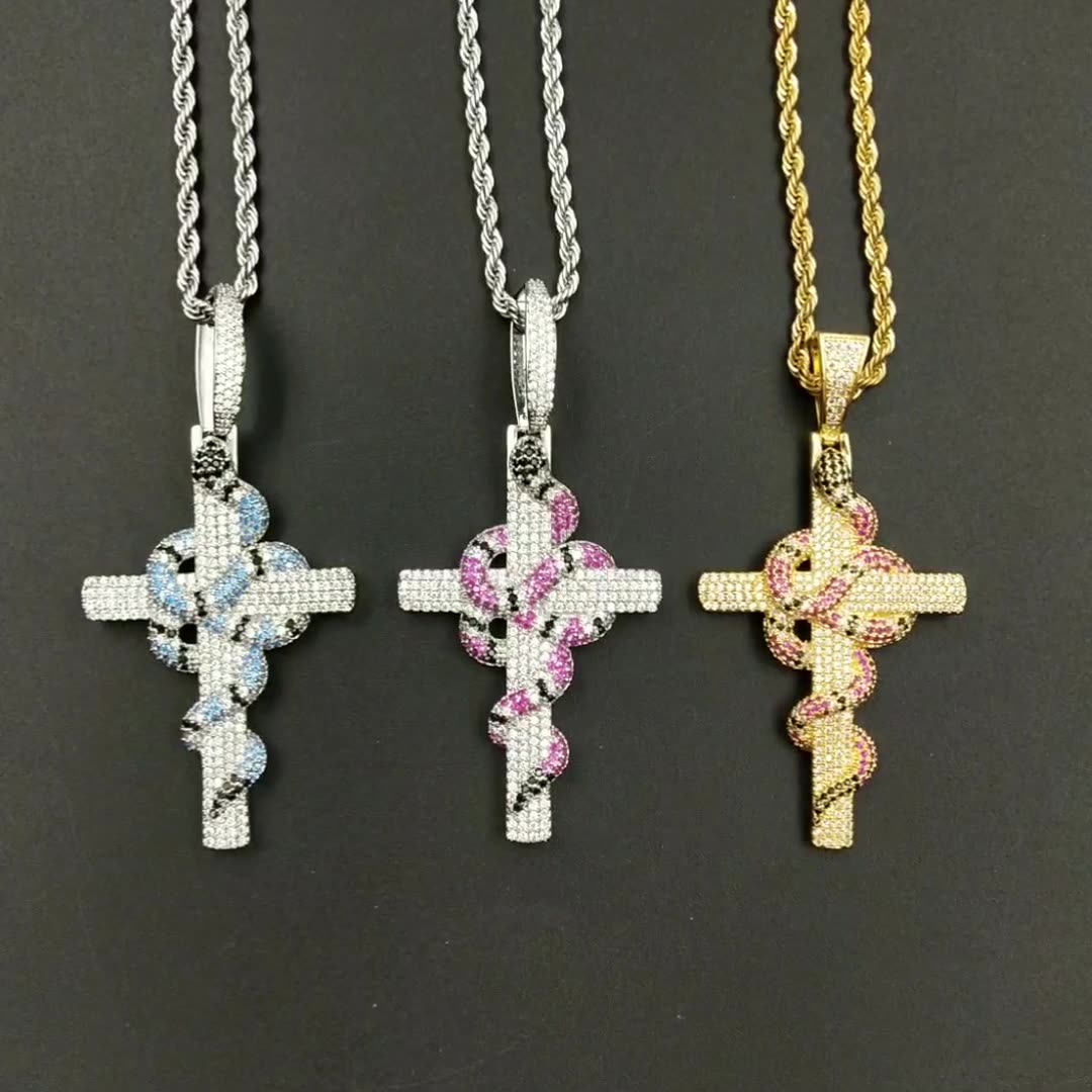 Copper and Zirconia Cross Snake Pendant