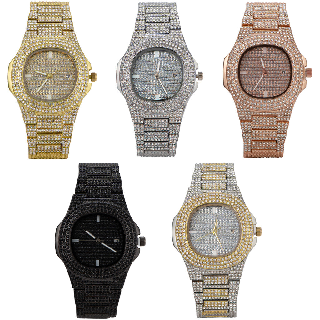 Hip Hop Metal Steel Strap with Diamonds Men's Quartz Watch