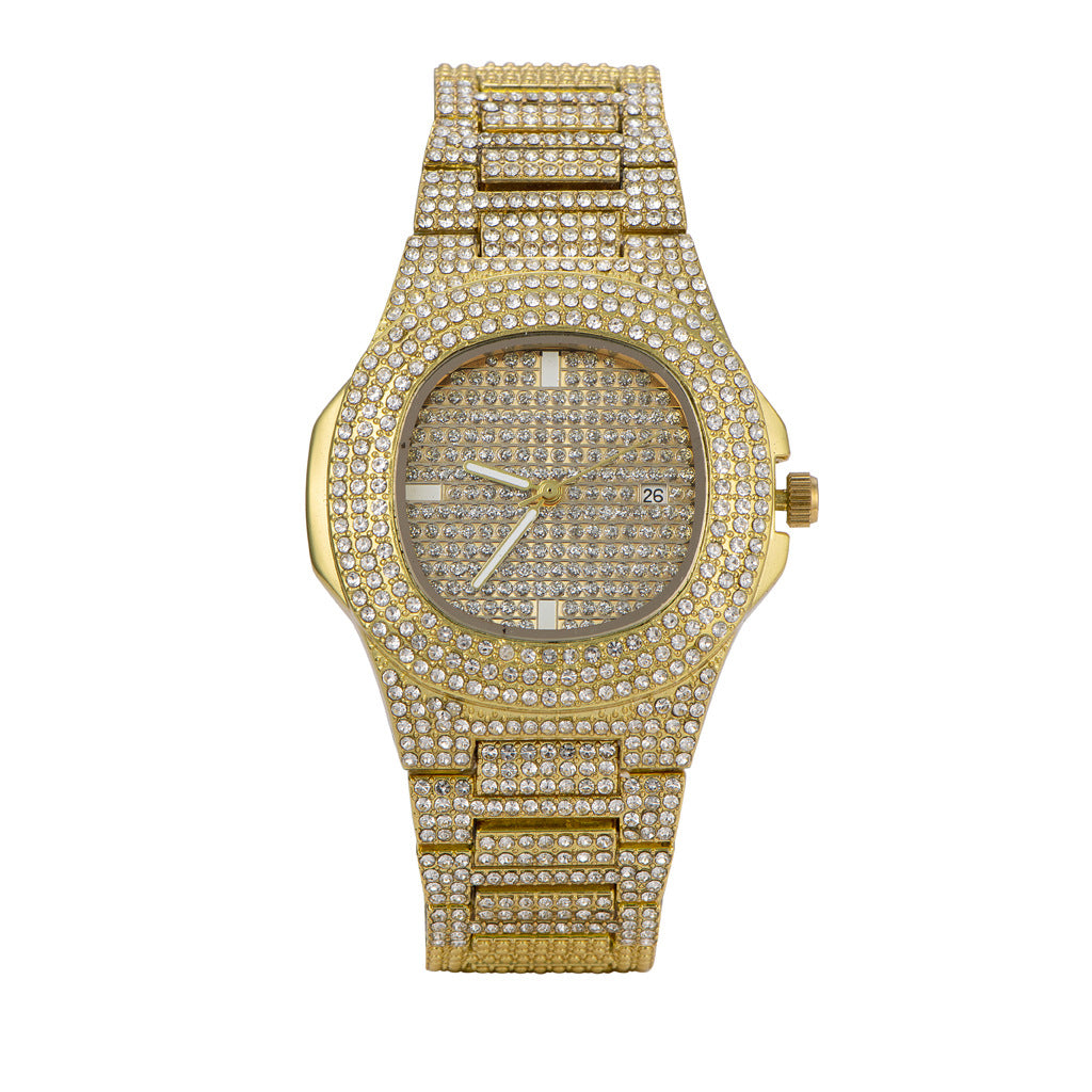 Hip Hop Metal Steel Strap with Diamonds Men's Quartz Watch