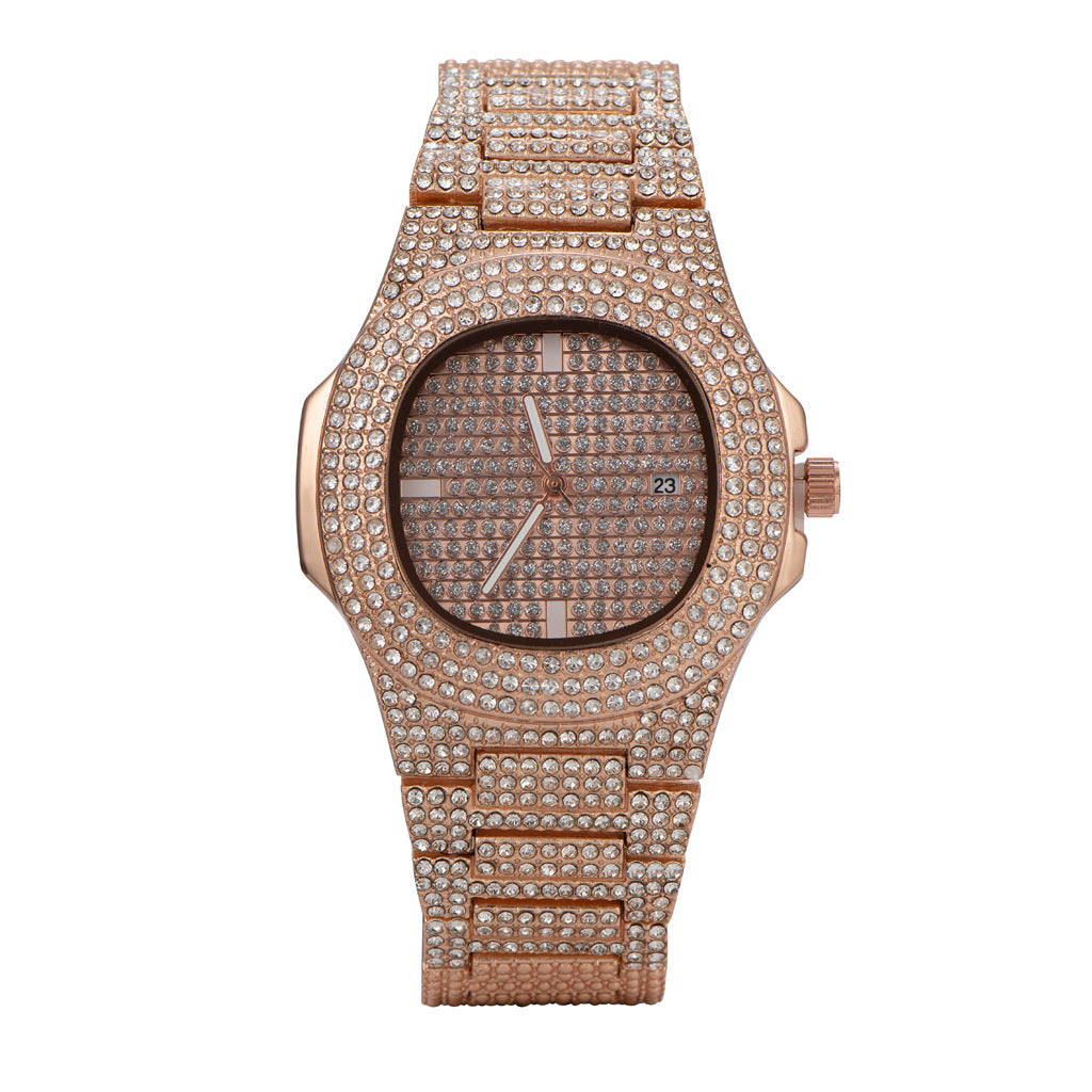 Hip Hop Metal Steel Strap with Diamonds Men's Quartz Watch