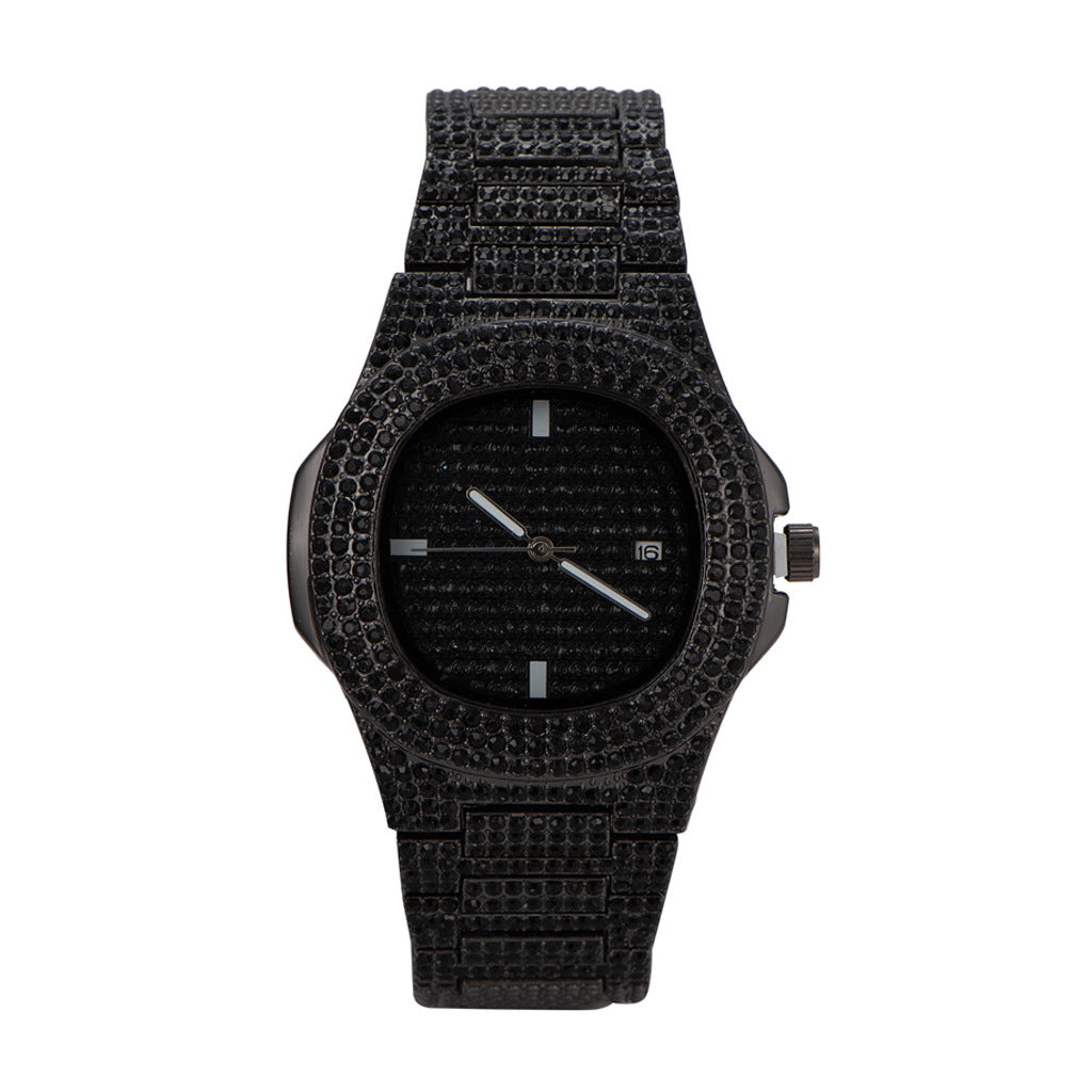 Hip Hop Metal Steel Strap with Diamonds Men's Quartz Watch