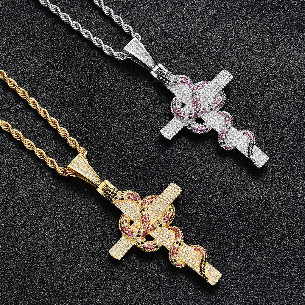 Copper and Zirconia Cross Snake Pendant