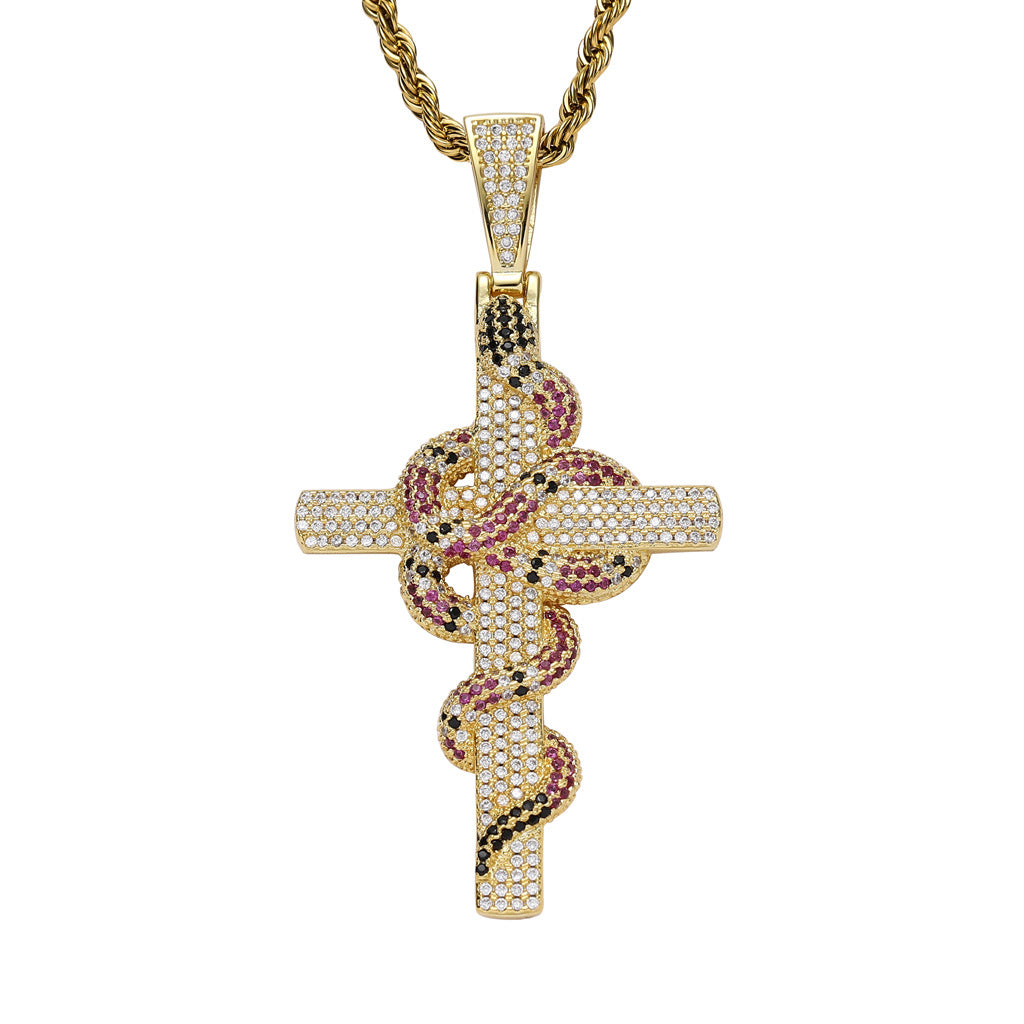 Copper and Zirconia Cross Snake Pendant