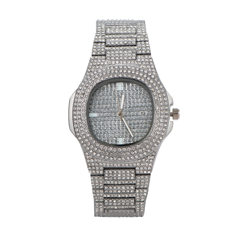 Hip Hop Metal Steel Strap with Diamonds Men's Quartz Watch