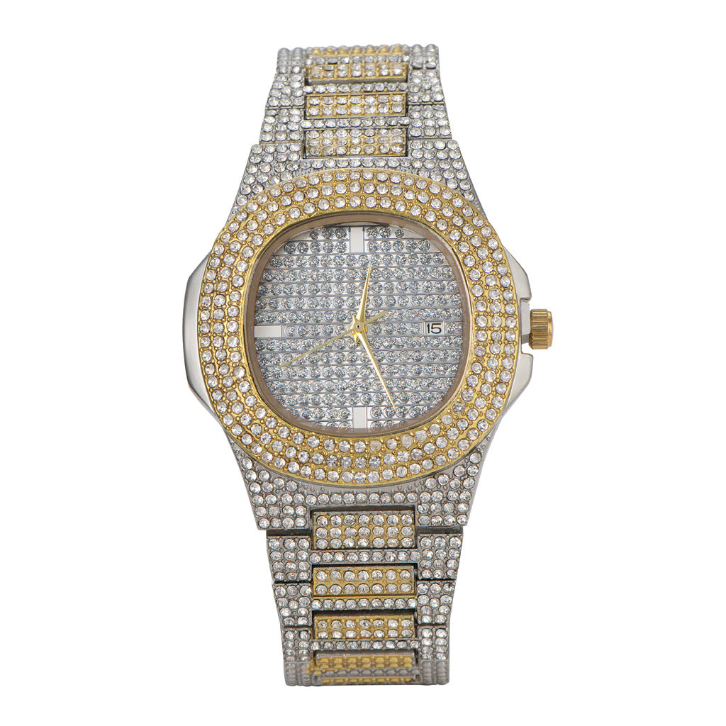 Hip Hop Metal Steel Strap with Diamonds Men's Quartz Watch