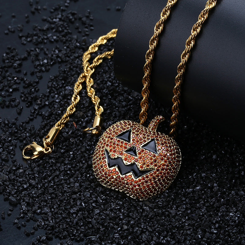 Halloween decorative pumpkin lamp personalized pendant micro-set zirconia men and women trend pop necklace