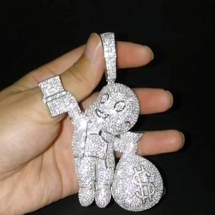 925 silver bald little boy hand grabbed dollars cartoon character money bag pendant super big pendant hip hop jewelry