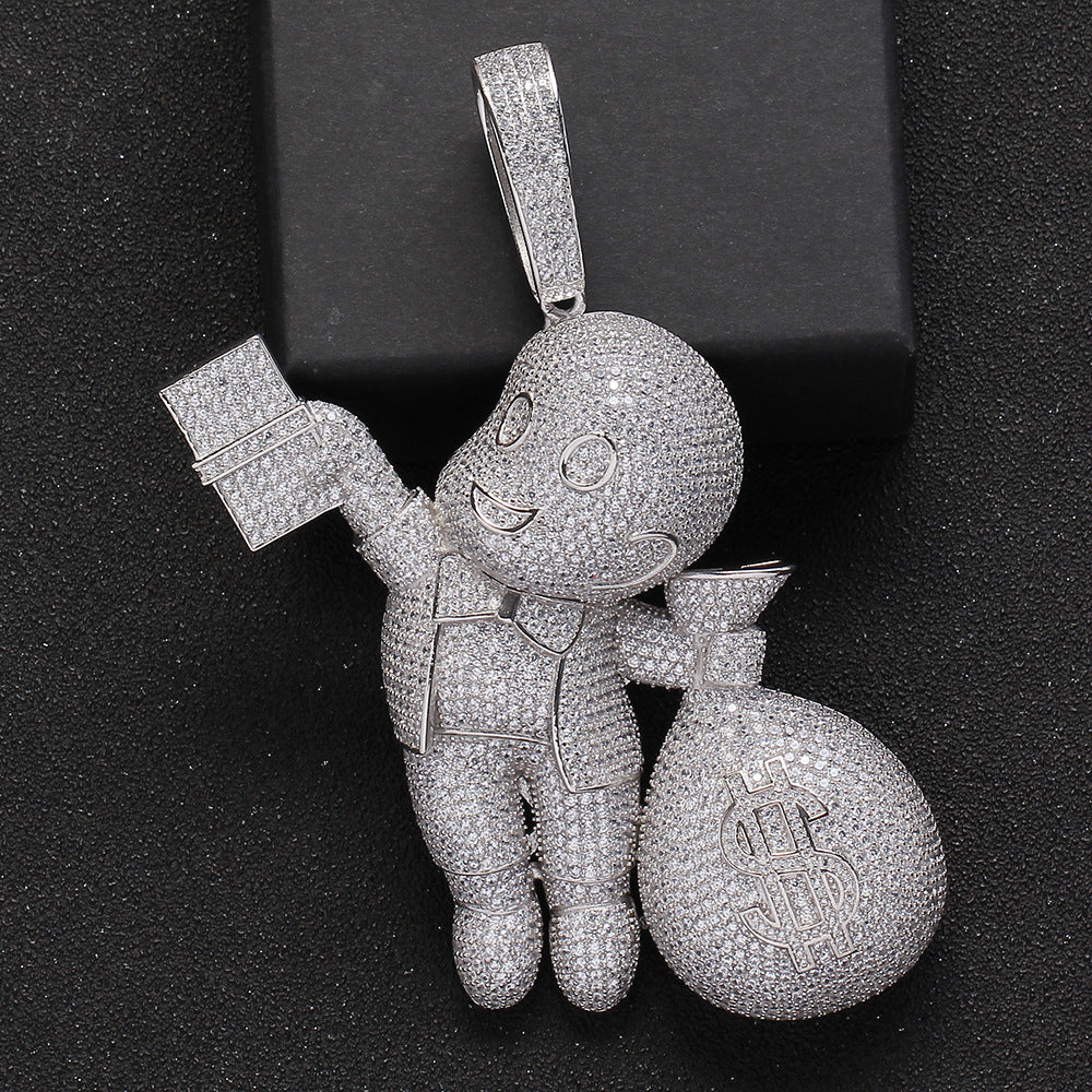 925 silver bald little boy hand grabbed dollars cartoon character money bag pendant super big pendant hip hop jewelry