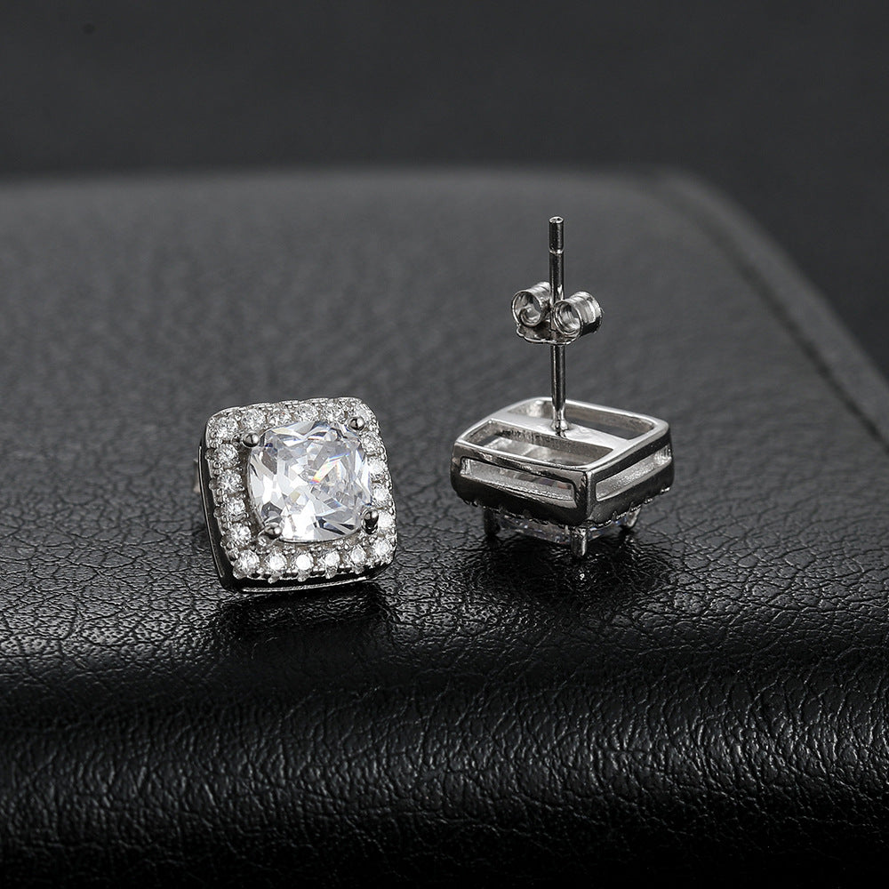 925 silver square earrings hip-hop set zirconia earrings personality ins men and women couple jewelry silver earrings