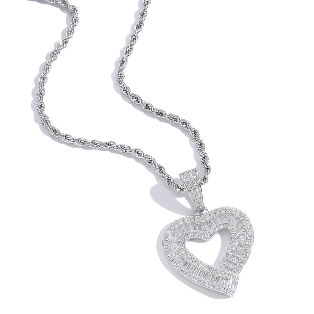 925 Silver Heart Necklace Peach Full Zirconium Niche Design Heart Hip Hop New S925 Heart Pendant