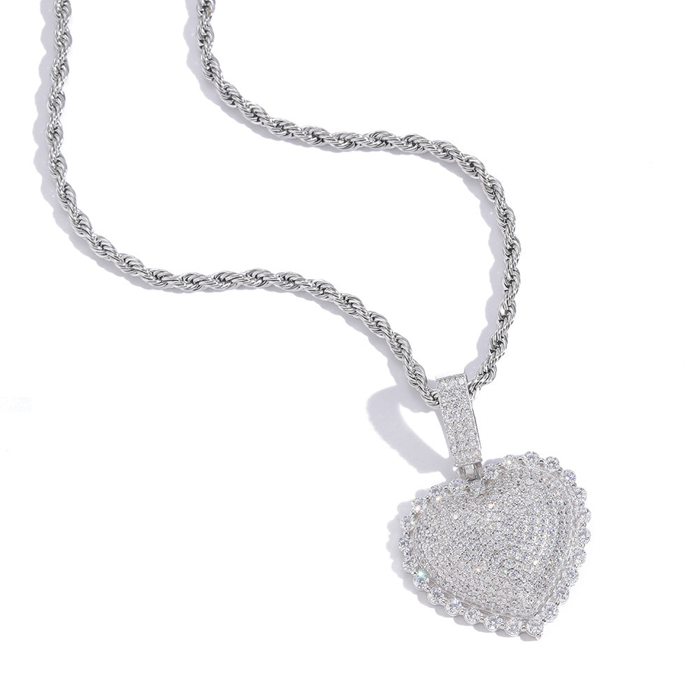 925 Silver Peach Heart Shape Pendant Hip Hop Jewelry Rap Full Zirconium Lace Heart S925 Pendant