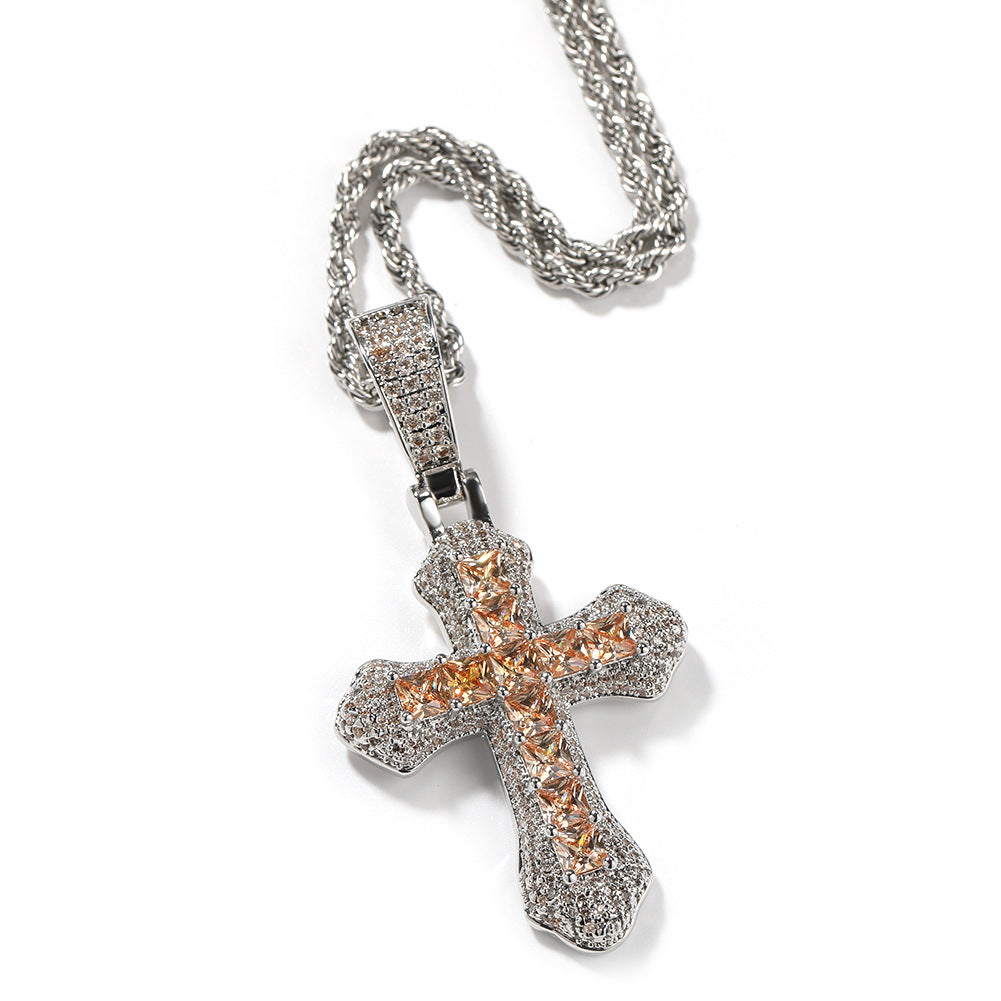 Large Copper and Zirconia Cross Pendant Necklace