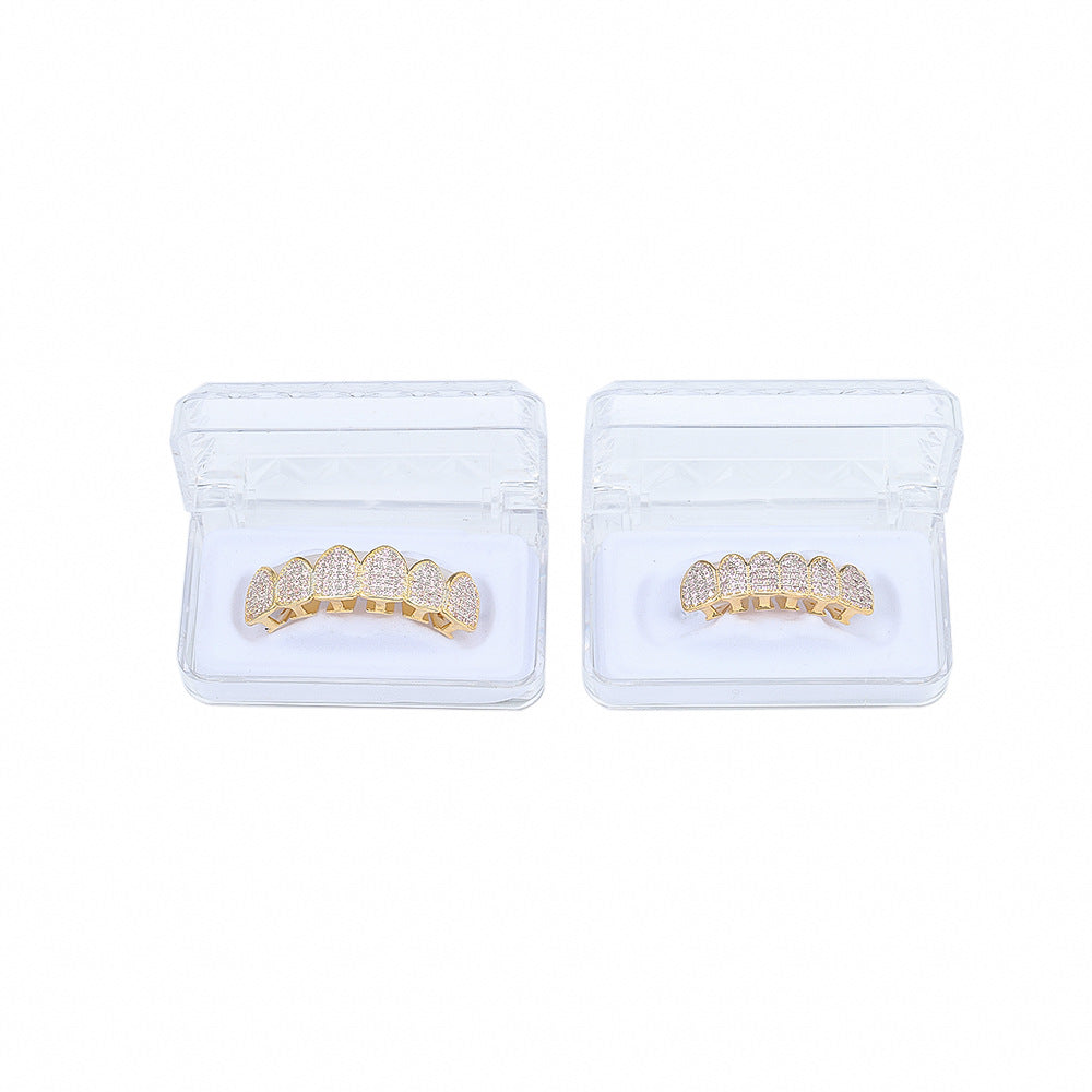 Micro inlaid gold teeth with pink zirconia braces