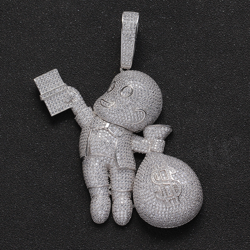 925 silver bald little boy hand grabbed dollars cartoon character money bag pendant super big pendant hip hop jewelry