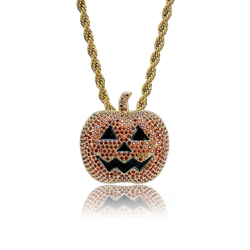 Halloween decorative pumpkin lamp personalized pendant micro-set zirconia men and women trend pop necklace