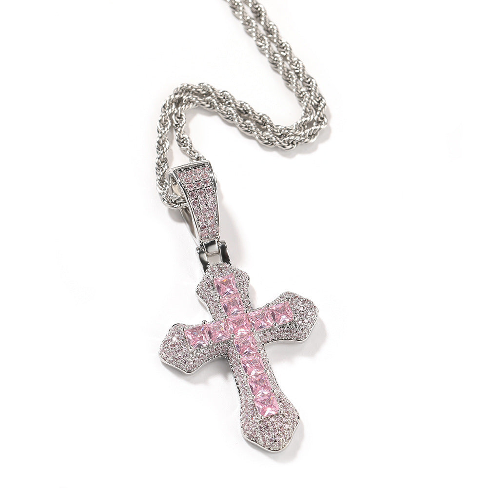 Large Copper and Zirconia Cross Pendant Necklace